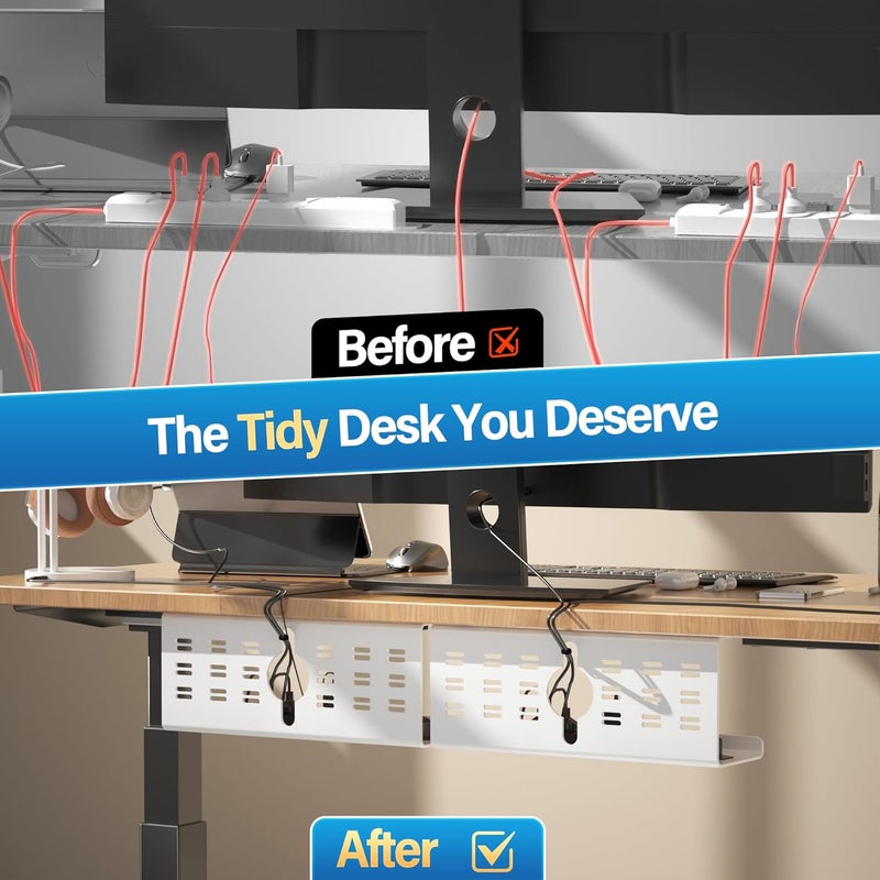 Cinati 2 Pack Cable Management Under Desk White, 32" Large Cable Management Tray, Under Desk Alloy Steel Wire Organizers, Cord Hider Tray for Office and Home - Tape or Screw Installation - Image 4